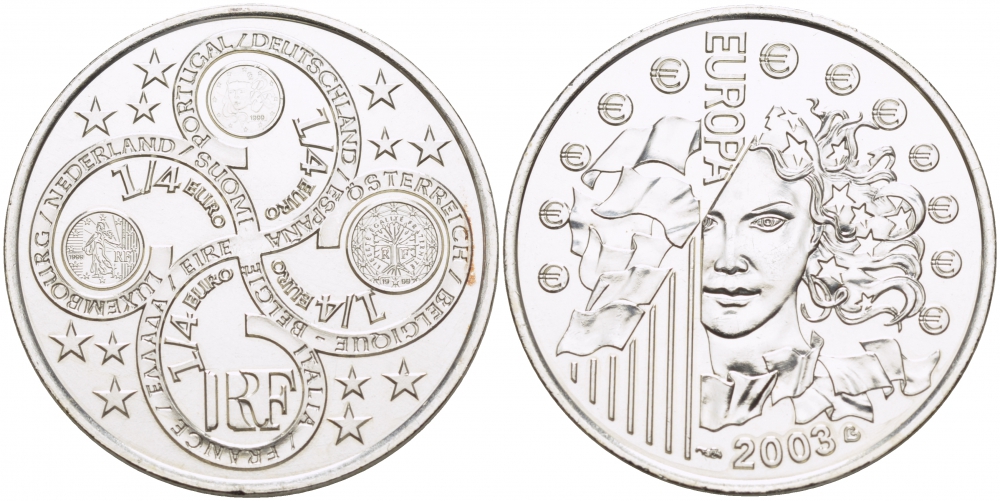 Франция 1/4 евро 2003 первая годовщина евровалюты KM 1991 серебро UNC 1084-7-11