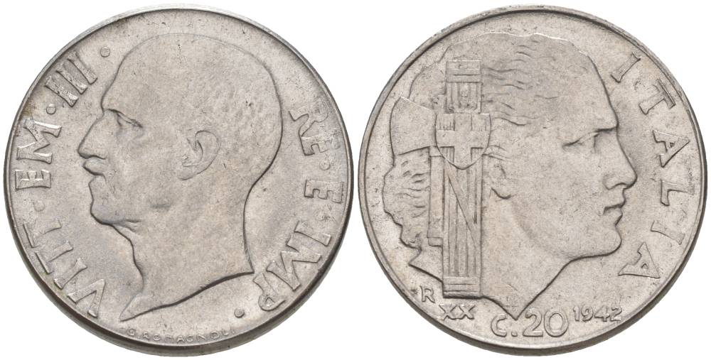 ИТАЛИЯ 20 ЧЕНТЕЗИМО 1942 R, ГОД XX, ВИКТОР ЭММАНУИЛ III (1900-1946), МАГНИТНАЯ, ГУРТ РИФЛЁНЫЙ KM 75b, VEM3. 1029 нержавеющая сталь 3853-442