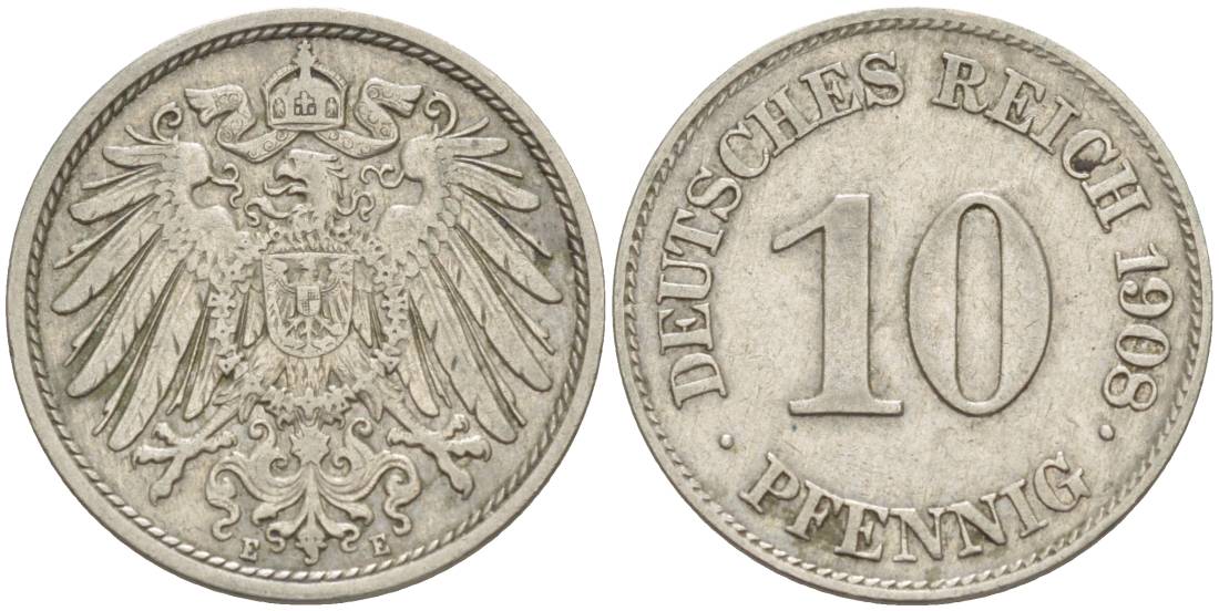 Германия 10 пфеннигов 1908 E KM 12, Jager 13, Weege 8 медно-никель 219-142
