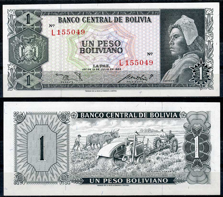 Боливия 1 песо боливиано 1962 серия L, крестьянин, полевые работы Pick 158 a (4)  бумага  UNC (пресс) 000-00-00