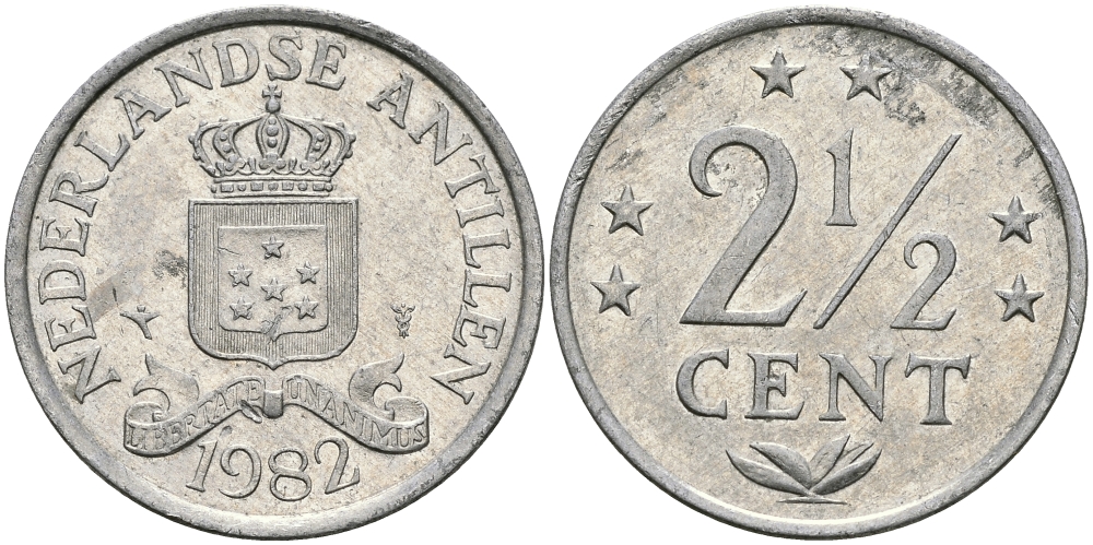Нидерландские Антилы 2 1/2 цента 1982 Беатрикс (1980-2013) KM 9а алюминий 94-535