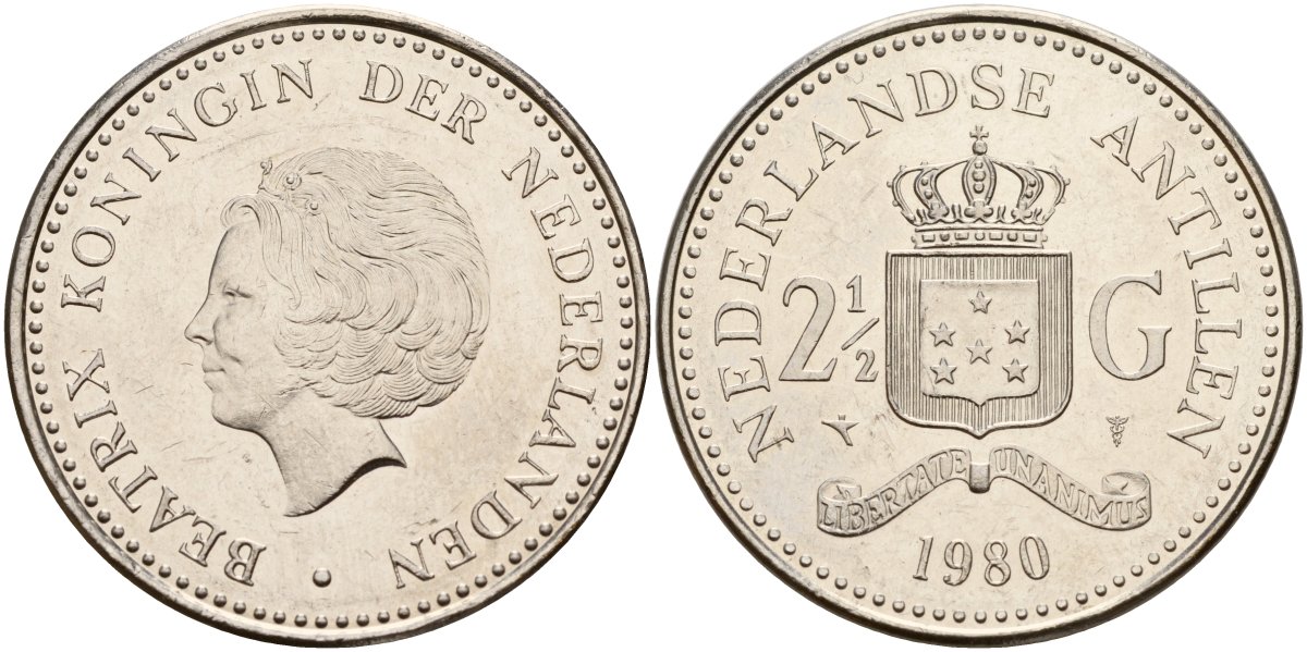 Нидерландские Антилы 2 1/2 гульдена 1980 Беатрикс (1980-2013) KM 19 никель UNC 4179-1312