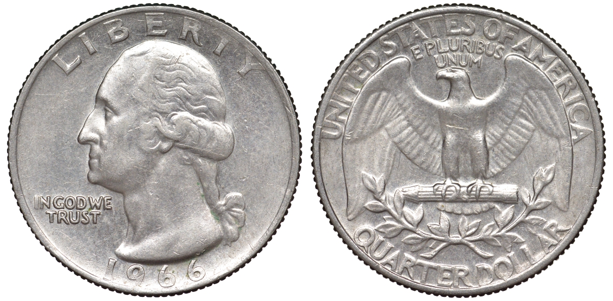 США 25 центов (квотер) 1966 Вашингтон KM 164a медь плакированная медно-никелем 53-854