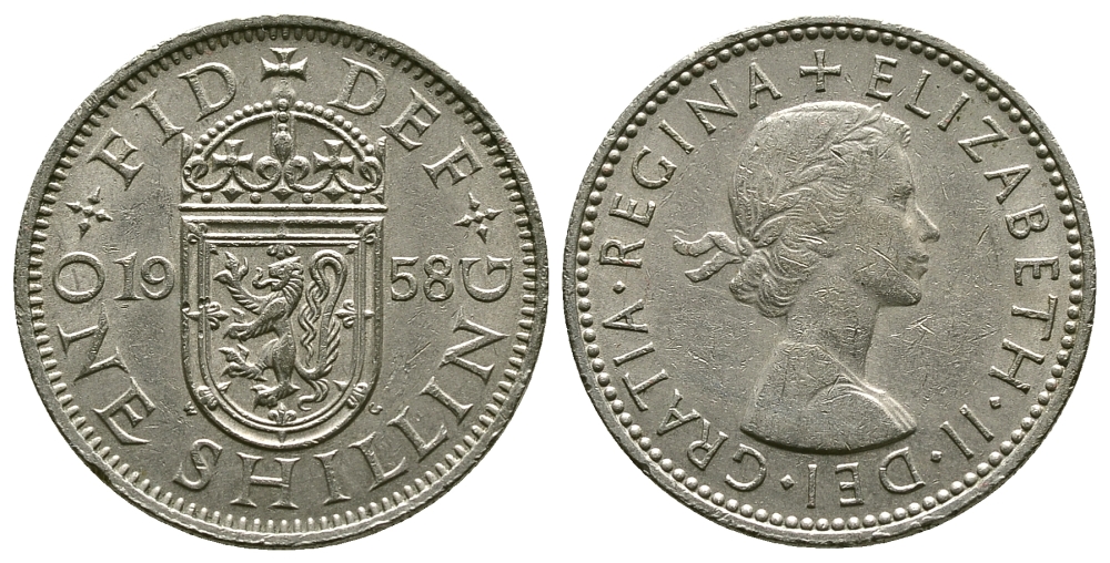 Великобритания 1 шиллинг 1958 Елизавета II (1952-2022), Шотландский герб KM 905, Spink 4148 медно-никель 4384-633