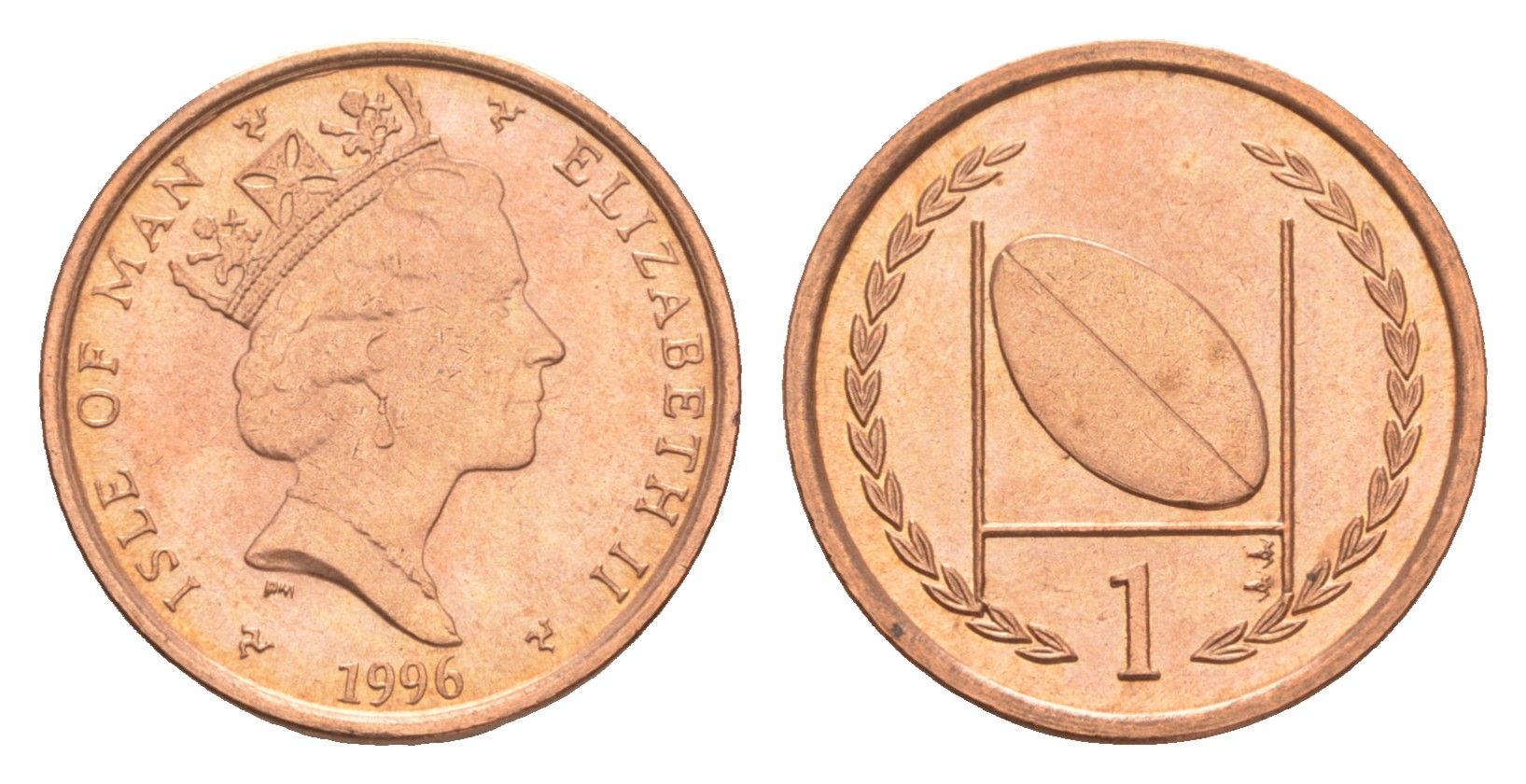 Остров Мэн 1 пенни 1996 PM, Елизавета II (1952-2022) KM 588 сталь плакированная медью UNC 4651-354