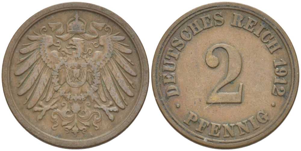 Германия 2 пфеннига 1912 A KM 16, J. 11, Weege 4 медь 212-412