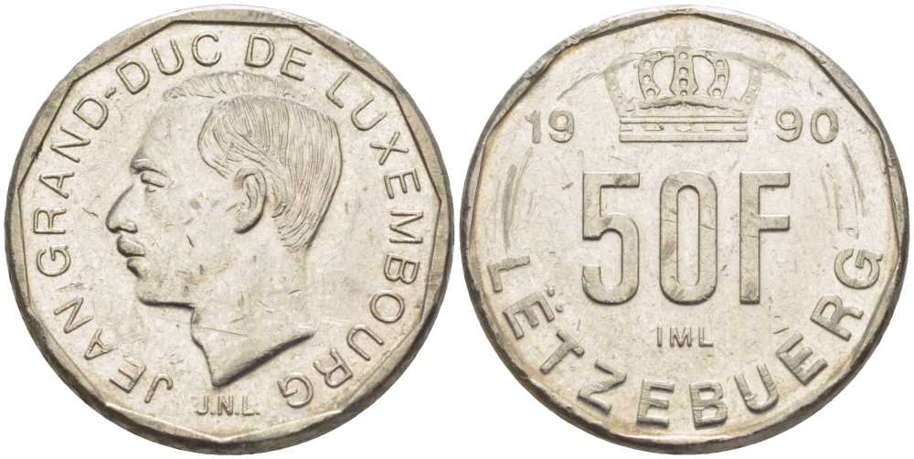Люксембург 50 франков 1990 Герцог Жан (1964-1999) KM 66 никель 4402-251