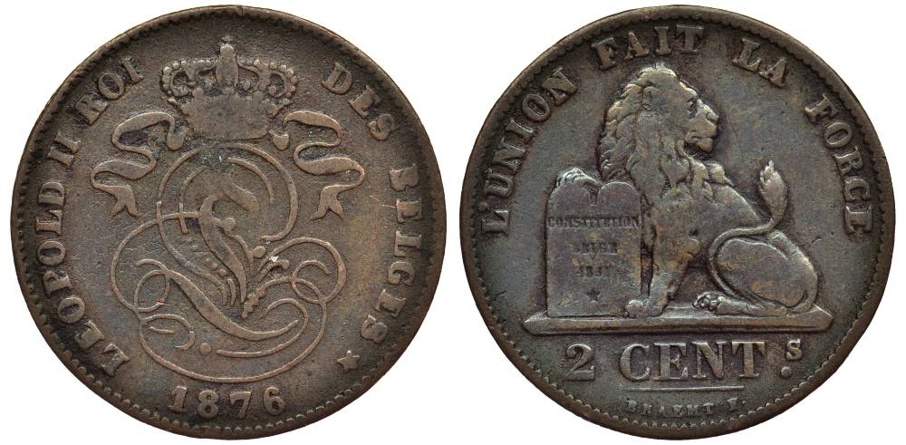 Бельгия 2 сантима 1876 Belges, Леопольд II (1865-1909) KM 35.1 медь 27-816