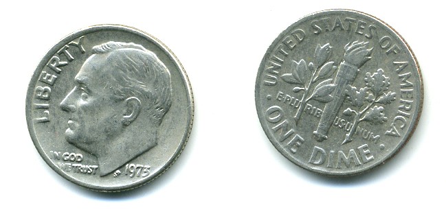 США 10 ЦЕНТОВ = 1 ДАЙМ 1973 РУЗВЕЛЬТ KM 195а медь плакированная медно-никелем 54-313