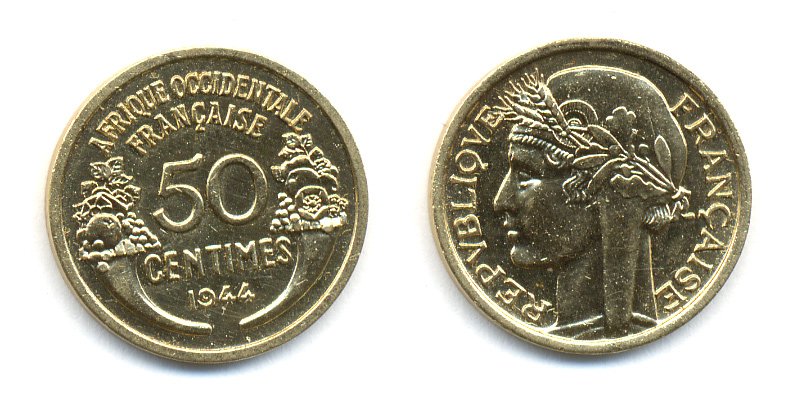 Французская Западная Африка 50 сантимов 1944 редкая KM 1, Lec 1 алюминиевая бронза aUNC 53-1123