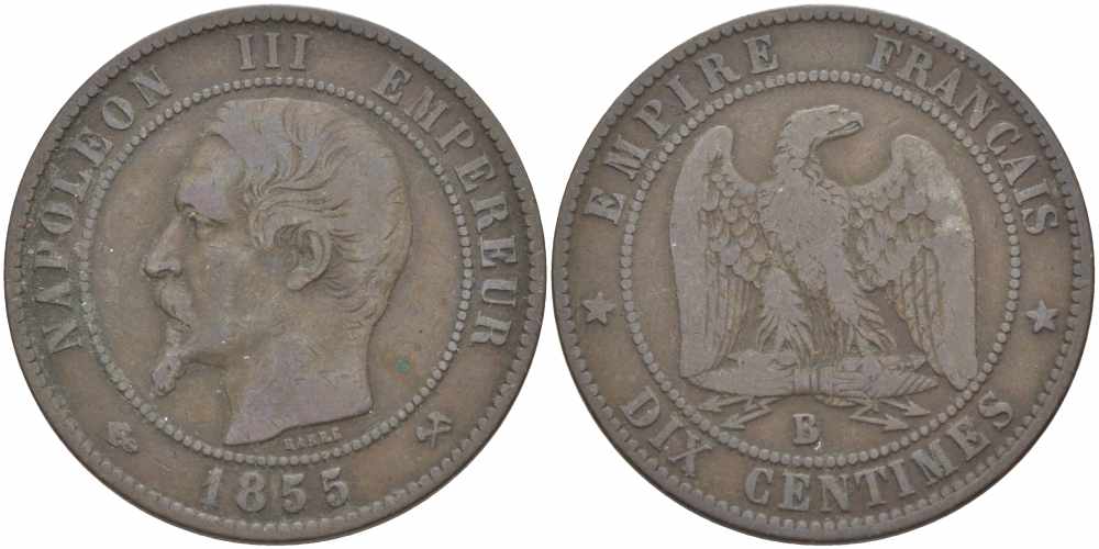 ФРАНЦИЯ 10 САНТИМОВ 1855 B, НАПОЛЕОН III (1852-1870) KM 771.2, LE FRANC 133.21 бронза 38-1044