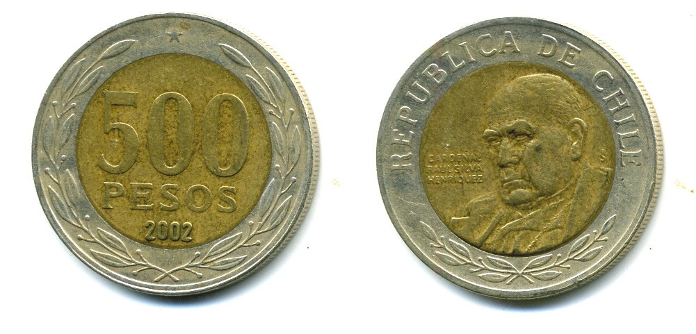 Чили 500 песо 2002 кардинал Рауль Сильва Энрикес (1907-1999) KM 235 биметалл 41-646