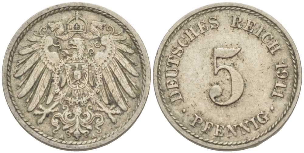 Германия 5 пфеннигов 1911 A KM 11, J. 12, Weege 6 медно-никель 105-151