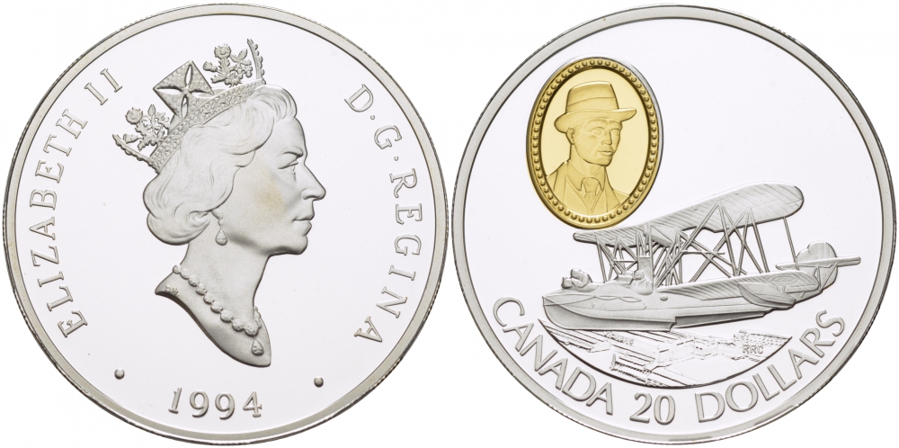 Канада 20 долларов 1994 канадский самолет Виккерс Ведетт KM 247 серебро, позолота PROOF 04-174-33