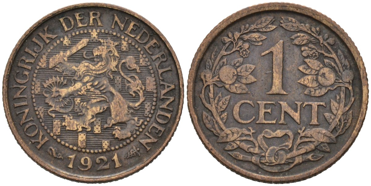 Нидерланды 1 цент 1921 Вильгельмина (1890-1948) KM 152 бронза 4576-731
