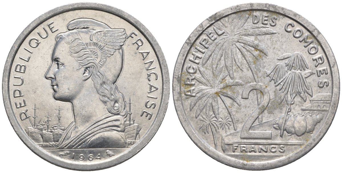 Французские Коморские острова 2 франка 1964 пальмы KM 5 алюминий UNC 87-643
