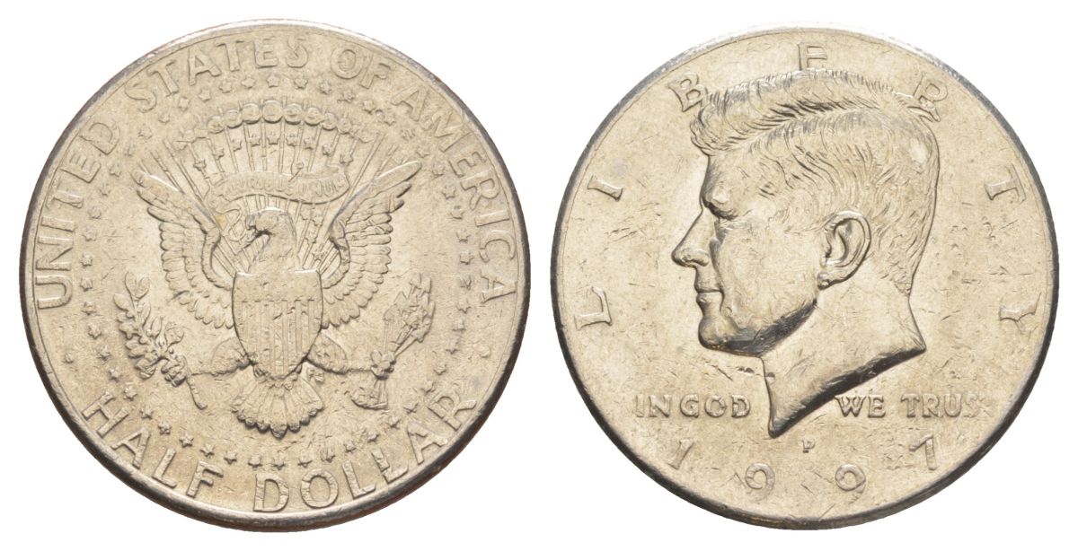 США 1/2 доллара (50 центов) 1997 P, Джон Кеннеди KM A202b медь плакированная медно-никелем aUNC 4517-835