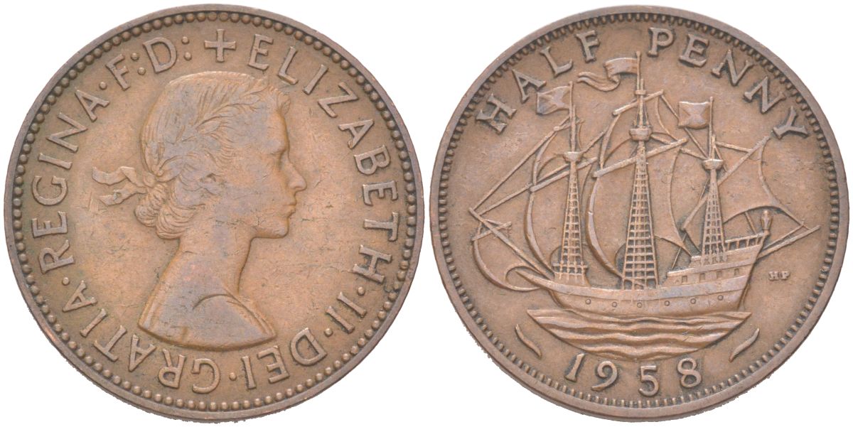 Великобритания 1/2 пенни 1958 Елизавета II (1952-2022) KM 896, Spink 4158 бронза 4128-147