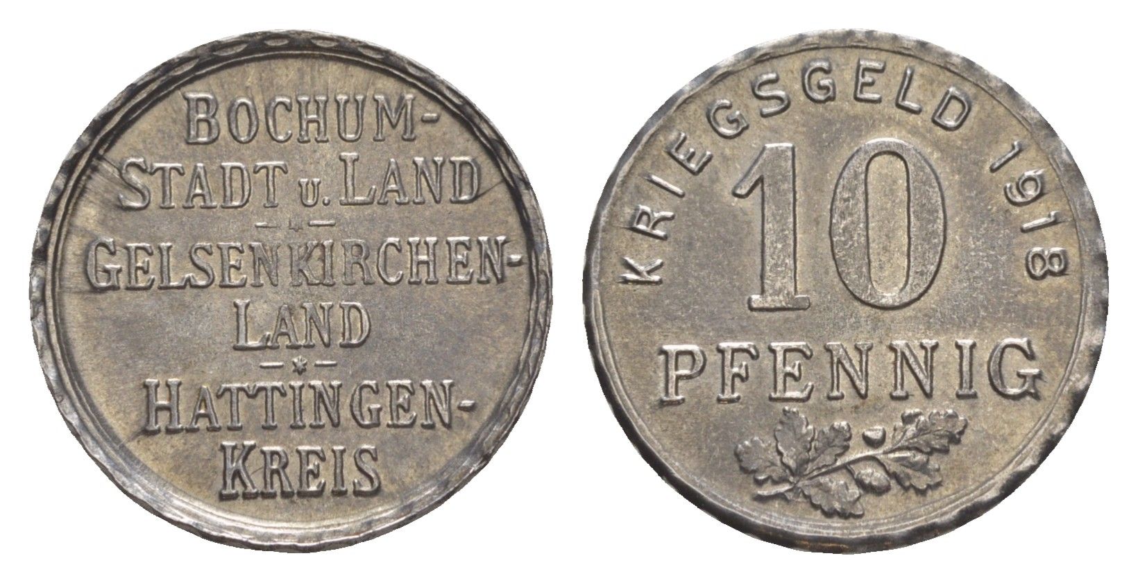 Бохум, Гельзенкирхен, Хаттинген 10 пфеннигов 1918 Funck 49.1, Men05 3022.1, Men18 3860.1 железо 4636-936