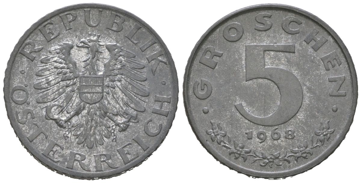 Австрия 5 грошей 1968 KM 2875 цинк aUNC 3955-665