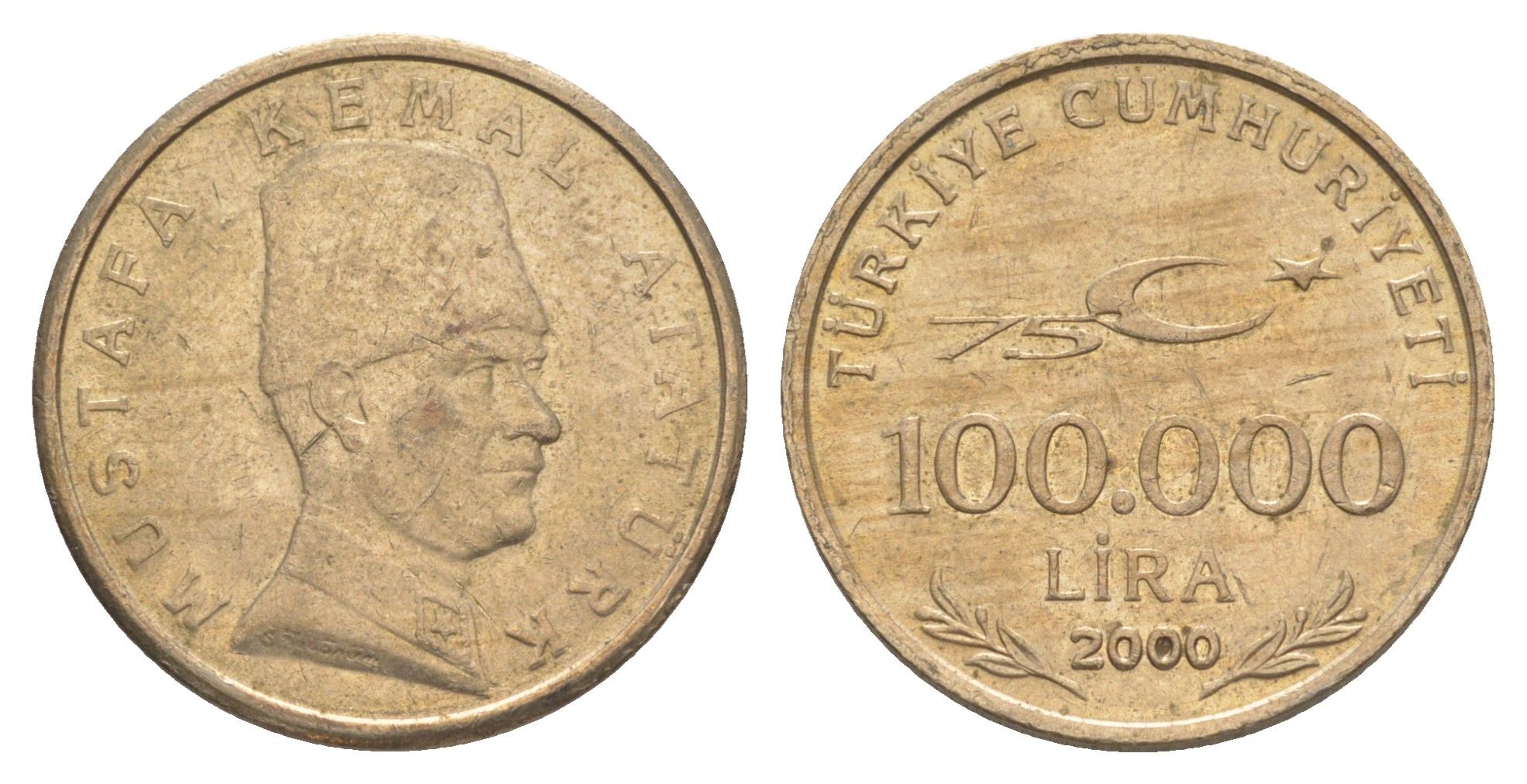 Турция 100000 лир 2000 Кемаль Ататюрк KM 1078 медь цинк никель UNC 4648-931