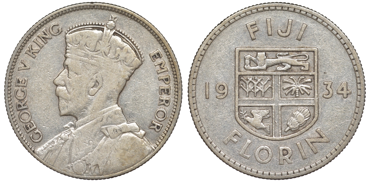 Фиджи 1 флорин 1934 Георг V (1910-1936), герб Фиджи KM 5 серебро 91-1223