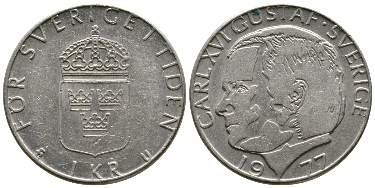 Швеция 1 крона 1977 Карл XVI Густав (1973- ) KM 852 медь плакированная медно-никелем 176-442