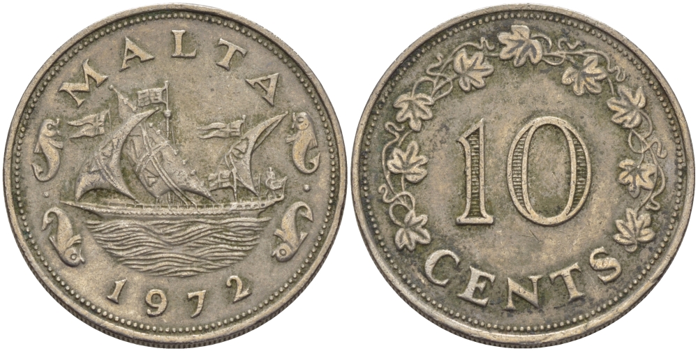 Мальта 10 центов 1972 баржа Великого магистра KM 11 медно-никель 82-332