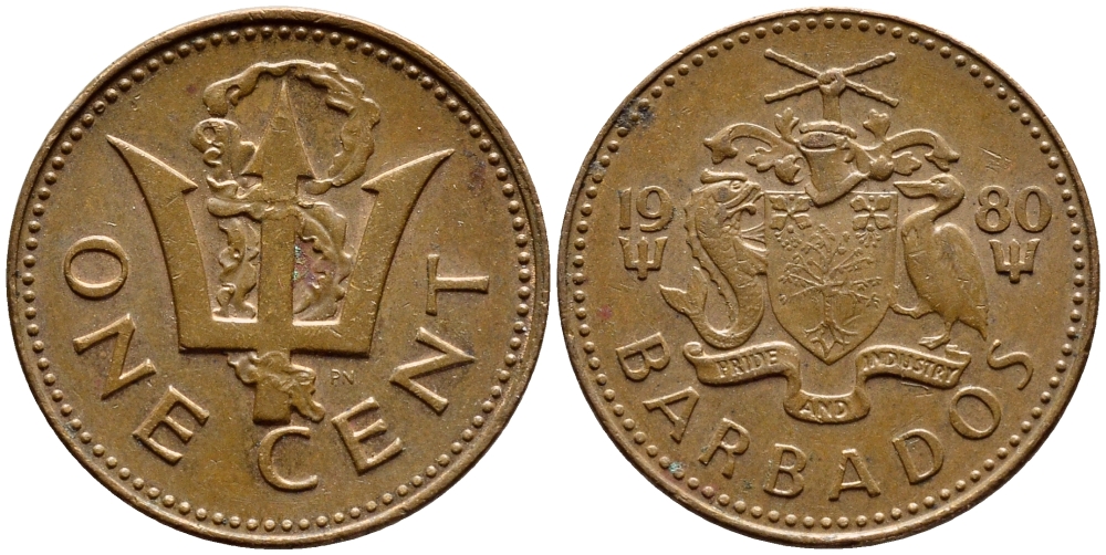 Барбадос 1 цент 1980 сломанный трезубец Британии KM 10 бронза 4396-1259