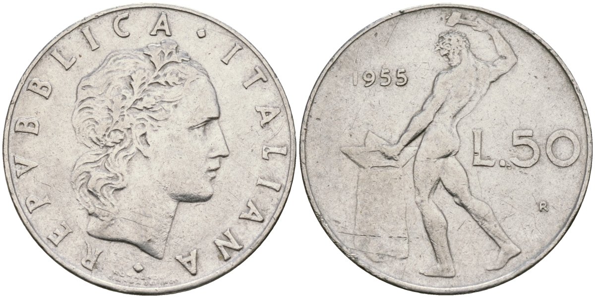 Италия 50 лир 1955 R, бог огня Вулкан у наковальни KM 95.1 нержавеющая сталь 4171-1014