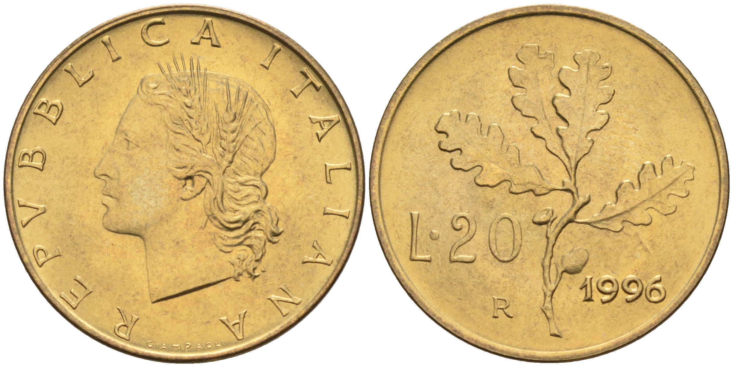 Италия 20 лир 1996 R, дубовый лист KM 97.2 алюминиевая бронза  UNC  4594-1047