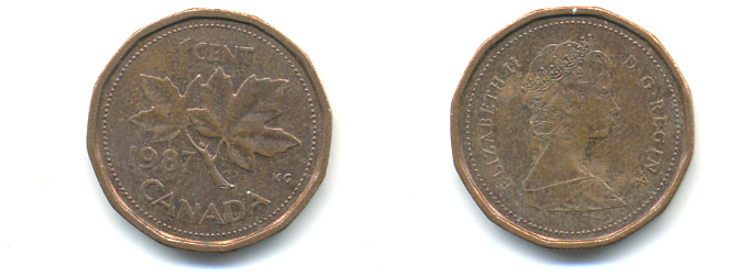 Канада 1 цент 1987 Елизавета II (1952-2022), кленовый лист KM 132 бронза 177-1419