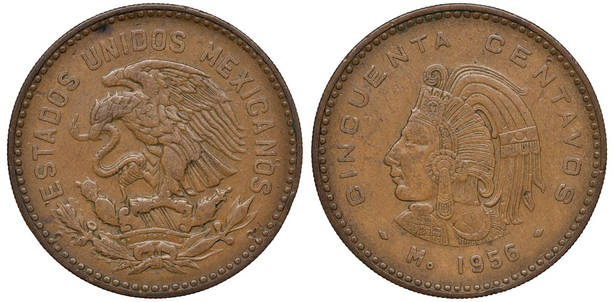 Мексика 50 сентаво 1956 Мо, Куаутемок, последний правитель империи ацтеков KM 450 бронза 4567-1034