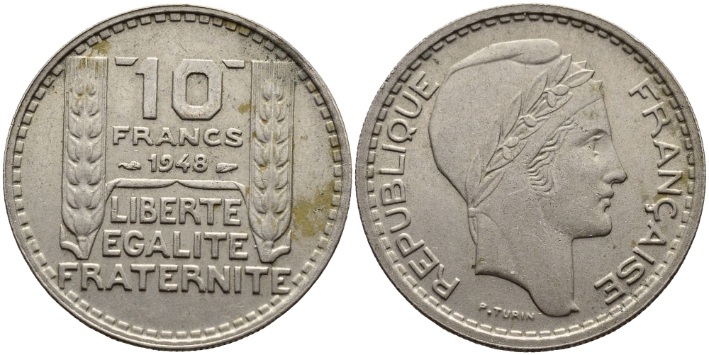 Франция 10 франков 1948 тип Пьер Турин KM 909.1, Le Franc 362.3 медно-никель 4389-1123