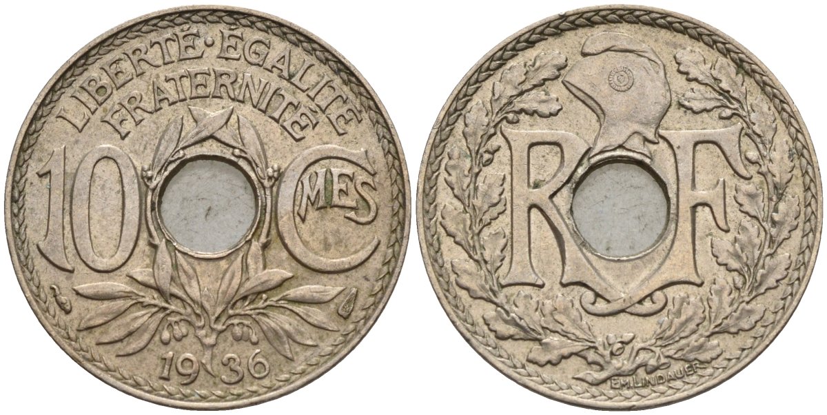 Франция 10 сантимов 1936 KM 866a, Le Franc 138.3 медно-никель 4143-1037