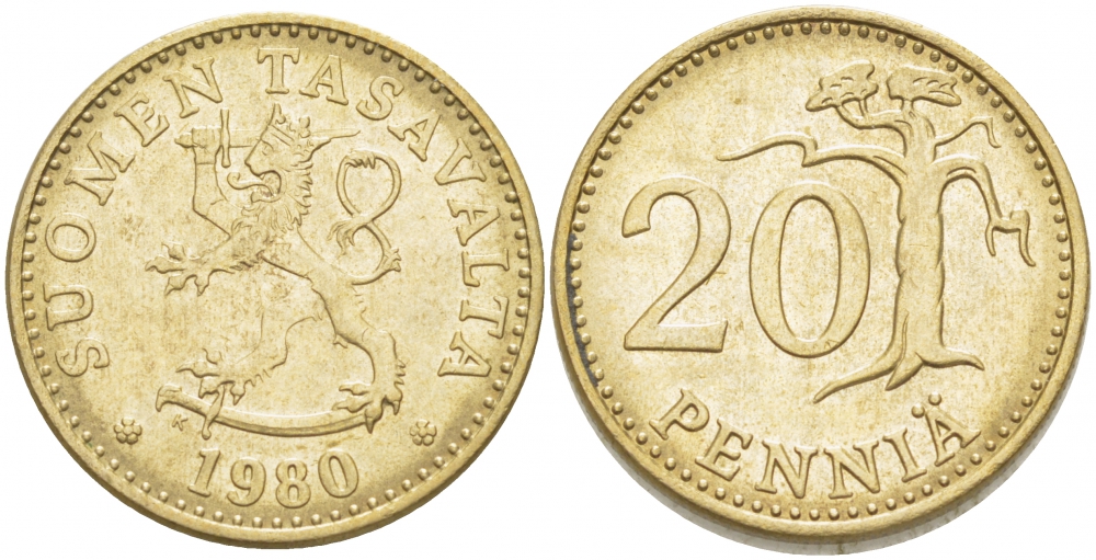 ФИНЛЯНДИЯ 20 ПЕННИ 1980 K KM 47 алюминиевая бронза 3718-642