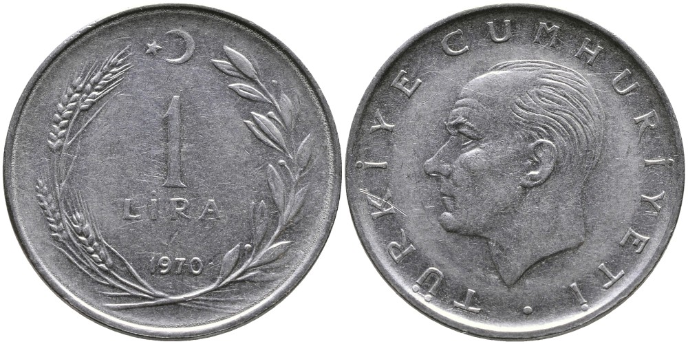 Турция 1 лира 1970 Мустафа Кемаль Ататюрк KM 889а.2 нержавеющая сталь 4538-1217