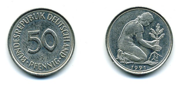 ФРГ 50 ПФЕННИГОВ 1991 F KM 109.2, J 384a медно-никель 25-1855