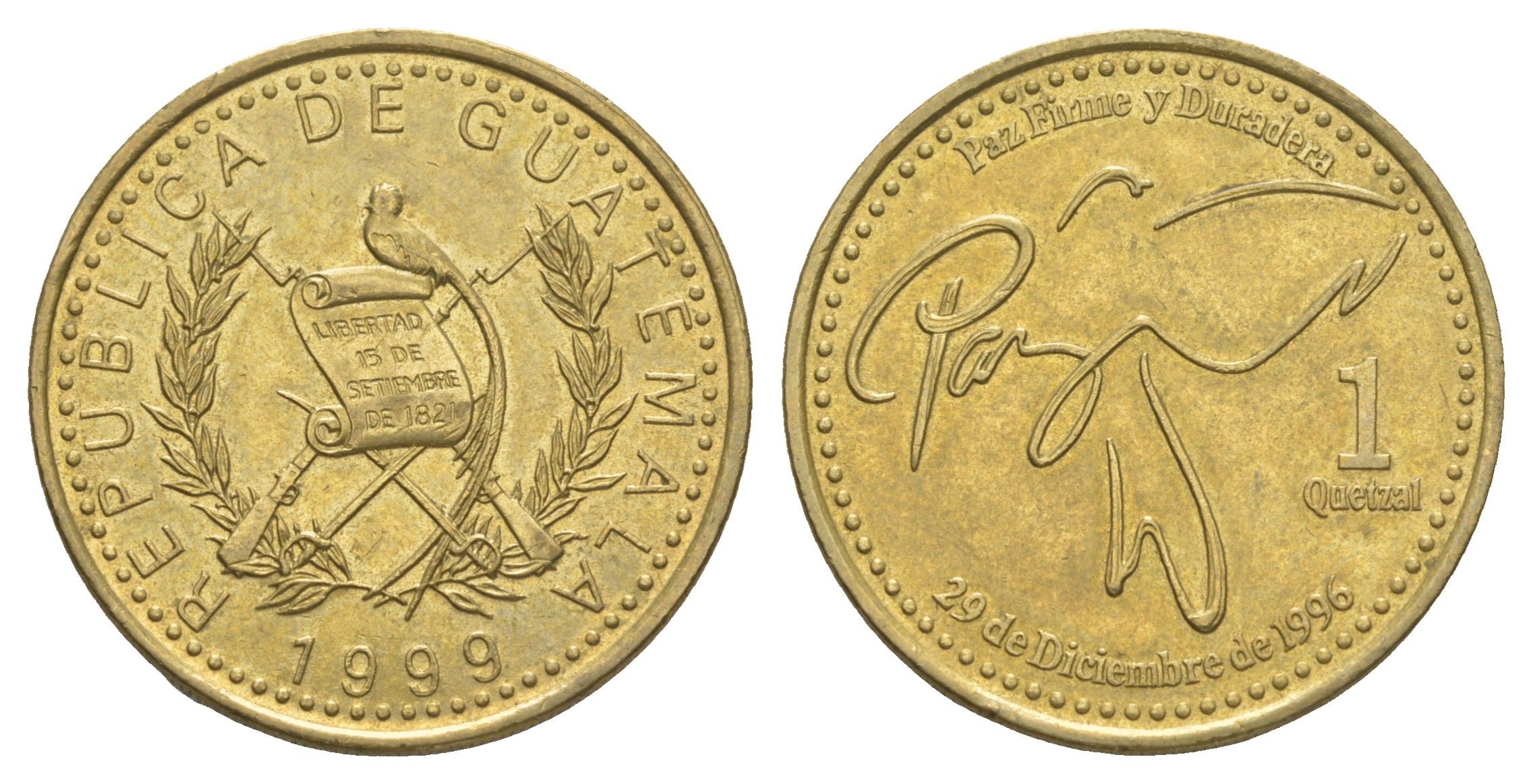 Гватемала 1 кетсаль 1999 KM 284 никель латунь 4638-326