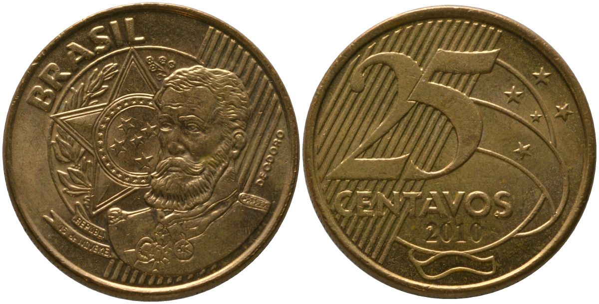 Бразилия 25 сентаво 2011 KM 650, Schon 158 сталь плакированная бронзой UNC 4525-536