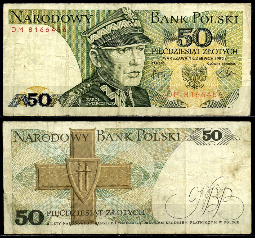 Польша 50 злотых 1982 Кароль Сверчевский, знак Грюнвальдского ордена Pick 142 b бумага 6287-33-1-2