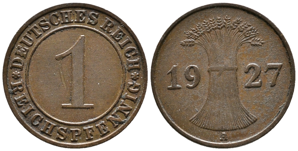 ГЕРМАНИЯ 1 РЕЙХСПФЕННИГ 1927 A KM 37, J. 313 бронза 39-948