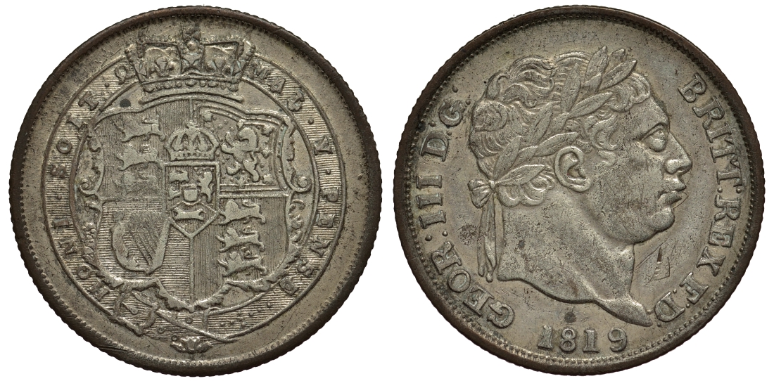 Великобритания 1 шиллинг 1819 Георг III (1760-1820) Spink 3790, KM 666 серебро 1523-815