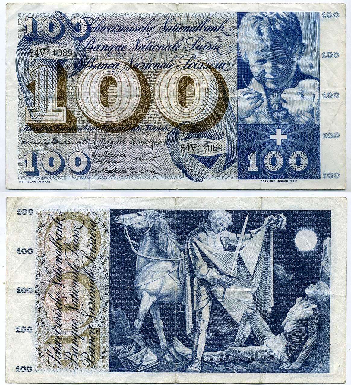 Швейцария 100 франков 1965 Brenno Galli - R. Motta - Kunz Pick 49 g (2) бумага 451-236-1