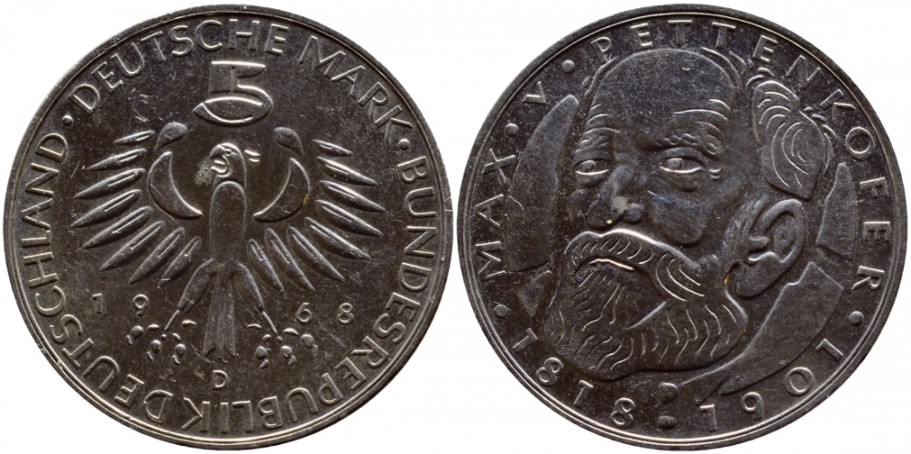 ФРГ 5 марок 1968 D, 150 лет со дня рождения Макса фон Петтенкофера J. 398, KM 123.1 серебро UNC 1520-1312