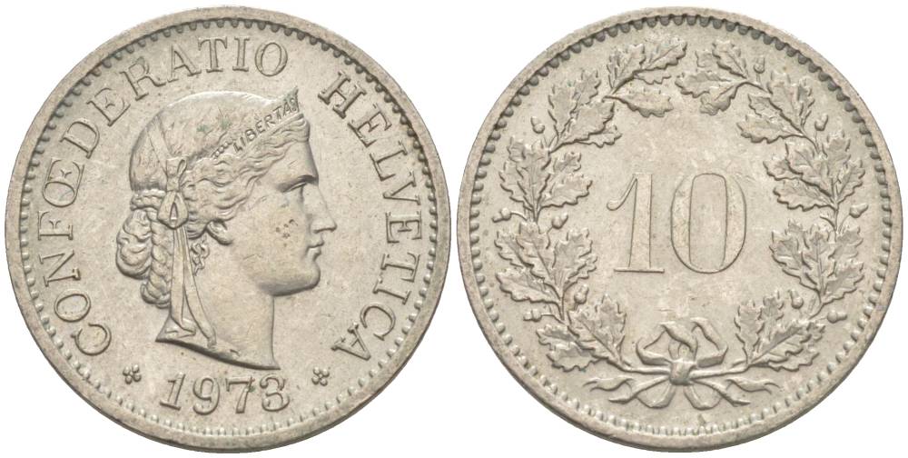 Швейцария 10 раппенов 1973 KM 27 медно-никель 55-441