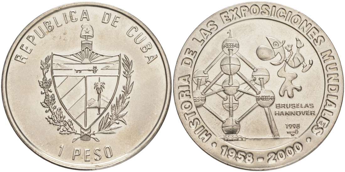 Куба 1 песо 1998 серия история мировых выставок, Брюссель 1958, молекула KM 102 никелированная сталь UNC M29-11