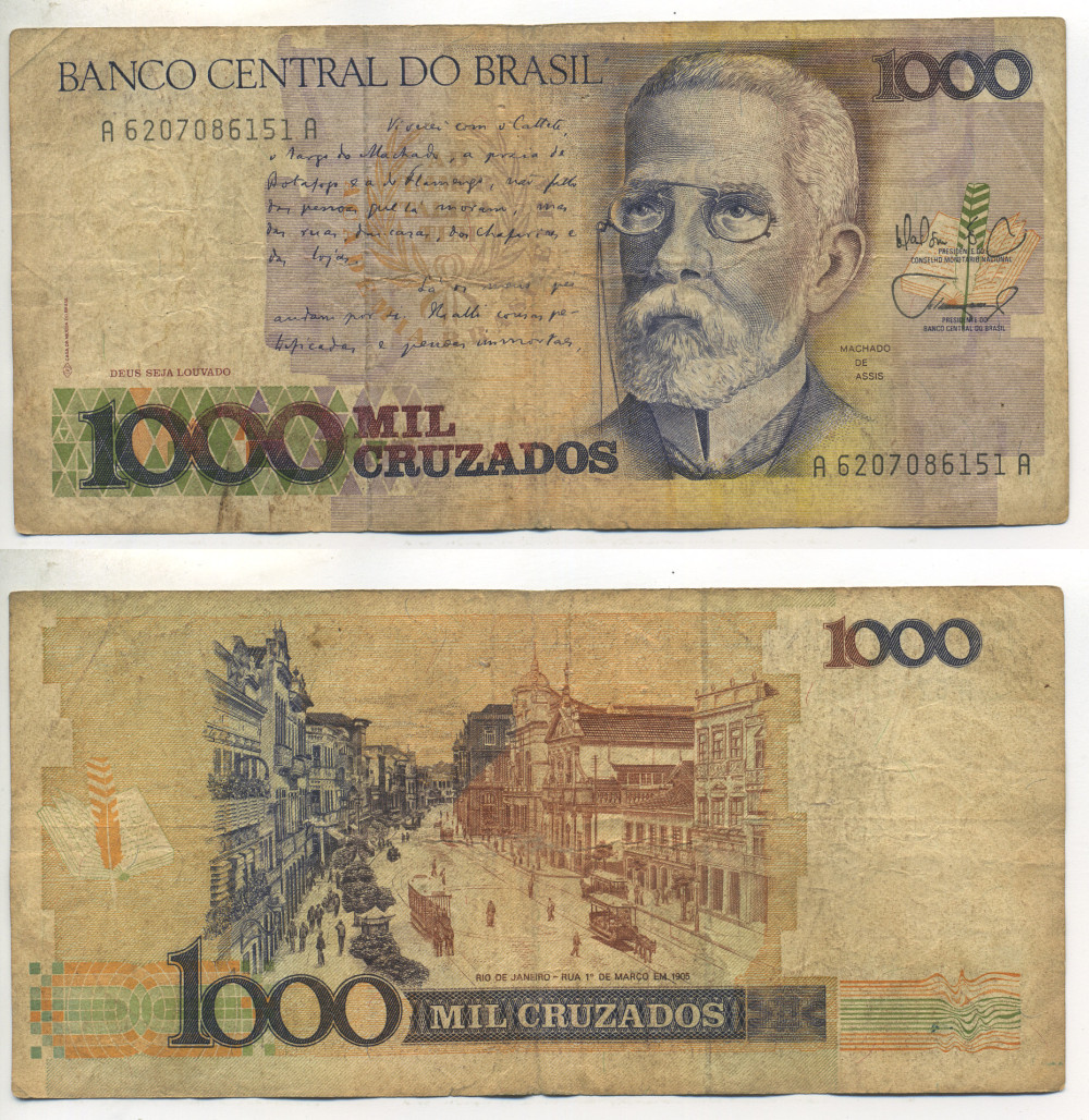 БРАЗИЛИЯ 1000 КРУЗАДО 1988 ПОДПИСЬ 26 Pick 213b бумага 445-21-2