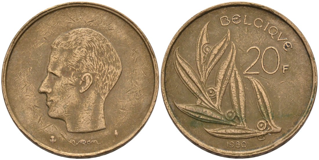Бельгия 20 франков 1980 Belgique, Бодуэн I (1951-1993) KM 159 никель бронза 4573-443