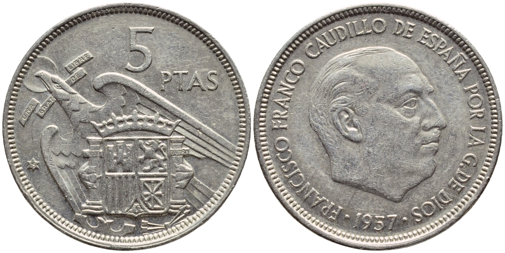 Испания 5 песет 1957 (75) Франциско Франко (1939-1975) KM 786 медно-никель 4397-615